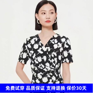 不規則短袖 娜家商場同款 上衣 氣質V領印花修身 時尚 2025年夏季 新品