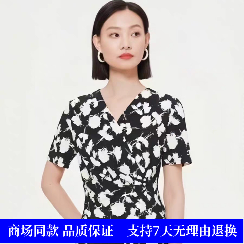 娜家商场同款2025年夏季新品时尚气质V领印花修身不规则短袖上衣