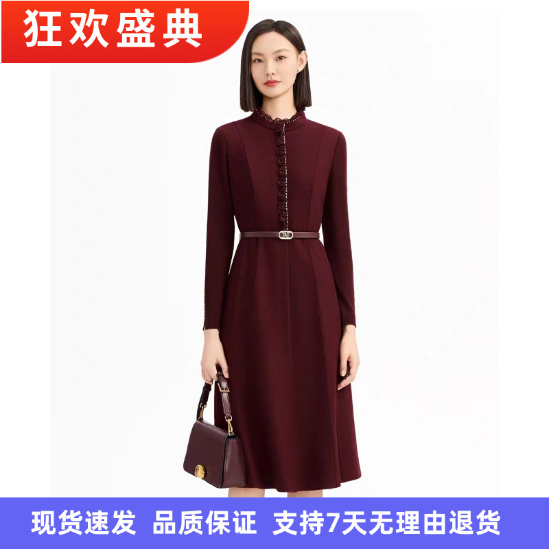 娜尔家商场同款2025年秋冬款新品时尚气质绵羊毛连衣裙【配腰带】