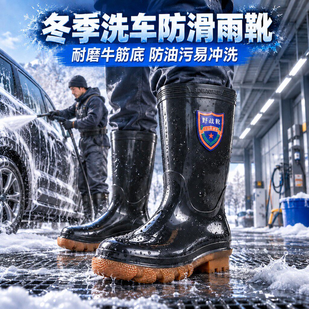 冬季洗车防水靴防滑耐磨牛筋底耐酸碱高筒四季晴雨两穿长靴男