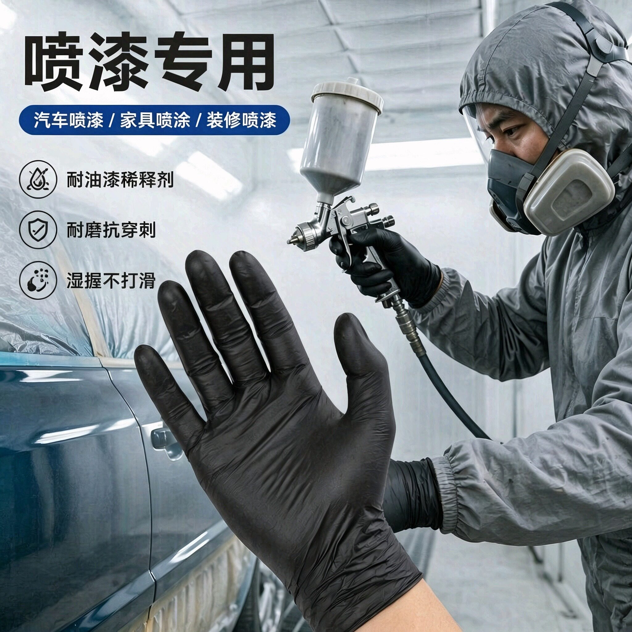 丁腈手套防腐蚀喷漆专用耐溶剂厚耐磨防水油漆工一次性防护汽修车