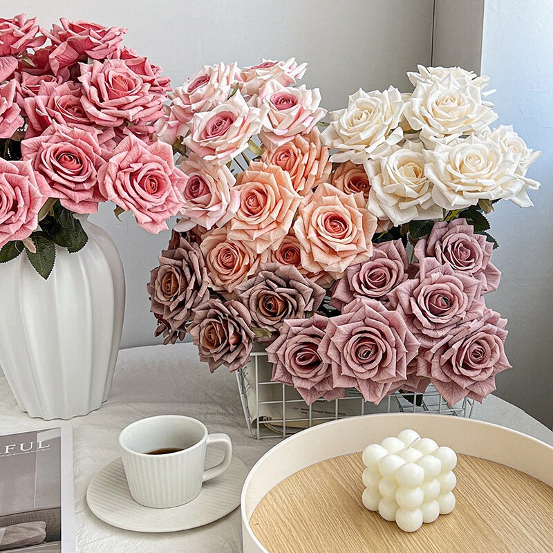 7头压纹玫瑰仿真花束橱窗摆设餐桌假花高颜值粉色绢花装饰花渐变