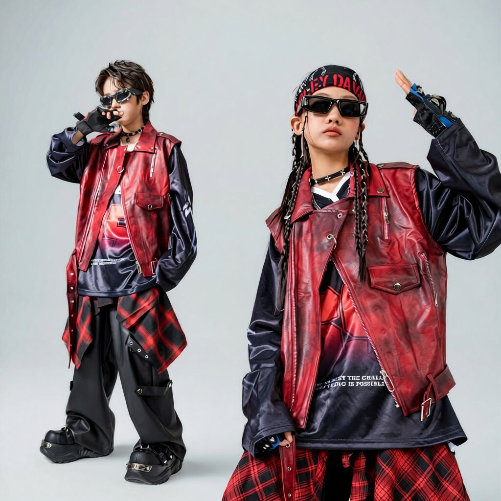 街舞儿童潮服架子鼓演出服男女童新款嘻哈痞帅风红色皮衣马甲套装