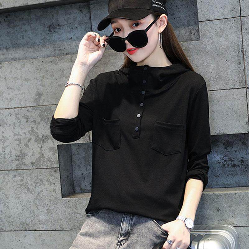 女长袖2026新款黑色连帽套头卫衣洋气休闲修身显瘦春秋款内搭上衣