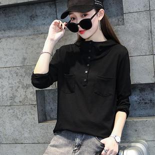 女长袖2025新款黑色连帽套头卫衣洋气休闲修身显瘦春秋款内搭上衣