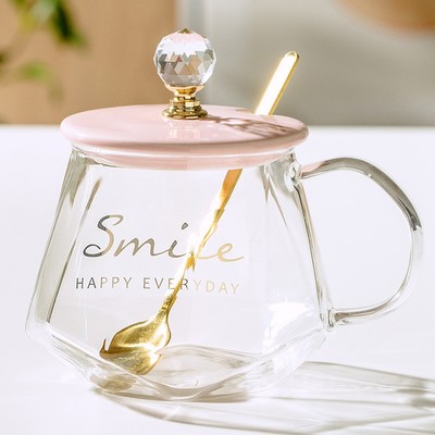 女家耐热玻璃花ins风带盖勺水杯