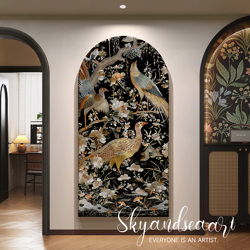 中古风孔雀入户正对门玄关装饰画南洋复古拱形走廊过道挂画墙壁画图片