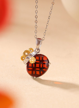 正品保真S990足银镀金血珀复古钱币福袋吊坠个性铜钱百搭钱袋挂坠