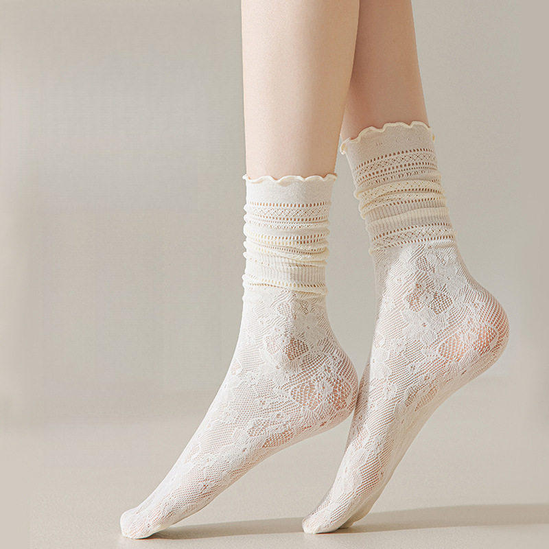 白色镂空蕾丝堆堆袜子女芭蕾风夏季薄款中筒花边jk长袜配玛丽珍鞋