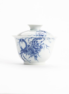 续真｜柴窑 景德镇手绘青花枯枝呆鸟二才盖碗容量120cc陶瓷茶具