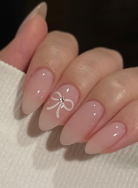 简约白色蝴蝶结穿戴甲短款裸色ins美甲press o n nails