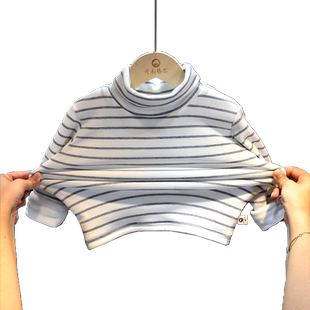 宝宝打底衫加绒秋冬男女童A类纯棉弹力上衣 婴儿半高领条纹打底衫