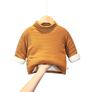 宝宝加绒加厚打底衫半高领纯棉a类男童条纹女婴儿冬季夹棉保暖衣