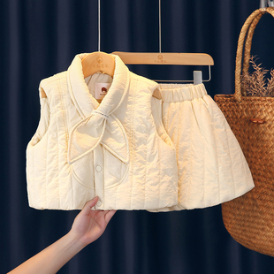 女童冬装套装2026新款小女孩洋气时髦夹棉马甲儿童羽绒棉两件套装