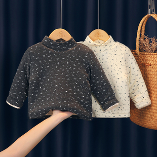 女童打底衫加厚三层夹棉一件过冬儿童碎花半高领宝宝纯棉保暖上衣
