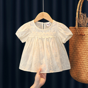 2024女宝宝宝提花甜美薄上衣韩版 新款 夏季 女童短袖 纯棉娃娃衫 衬衫