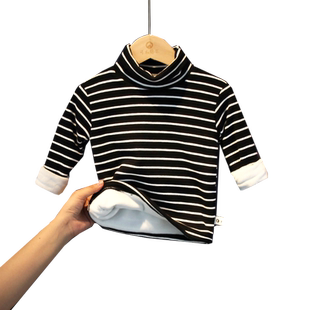 宝宝打底衫冬加绒加厚儿童纯棉a类男女童半高领条纹婴儿打底上衣