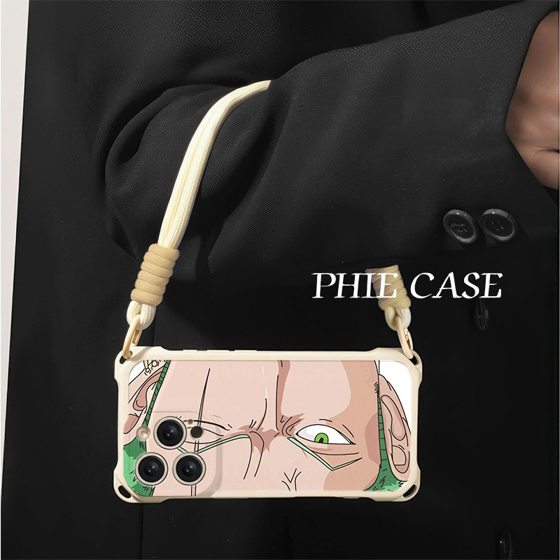 潮酷小米14四角开孔苹果13斜挎手腕挂绳12ProMax适用iPhone16防摔透明15plus手机壳软红米TURBO4闭眼索隆卡通