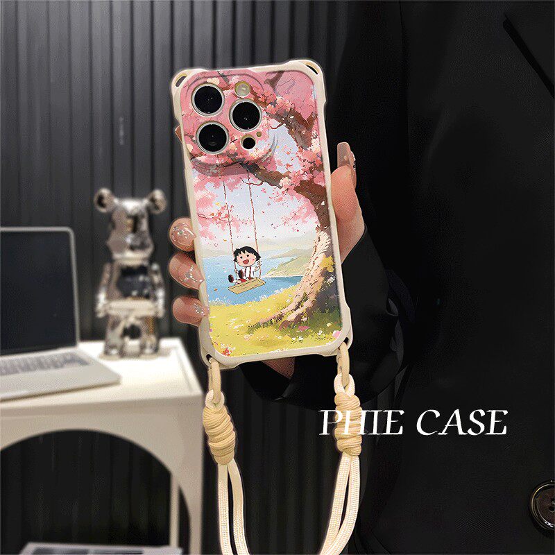 华为Mate70樱花樱桃小丸子14四角开孔iPhone13斜挎手腕挂绳12卡通苹果16plus手机壳软透明15ProMax适用a5防摔