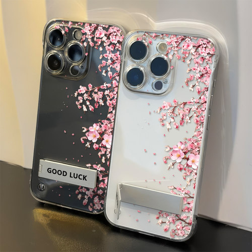 樱花树枝iPhone12硬15ProMax适用华为NOVA14透明13无边框ins风苹果16plus带支架17超薄VIVOY500I高级感手机壳