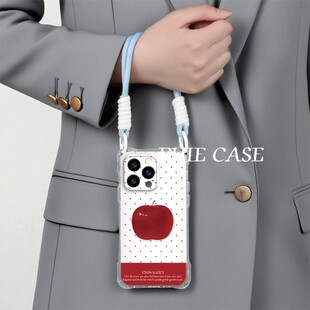 波点红色苹果13斜挎手腕挂绳12ProMax适用iPhone16防摔真我gt7pro透明15plus手机壳软红米note14四角开孔创意