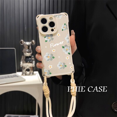 iPhone14四角开孔13ProMax艺术白花华为Pura70斜挎小米15手机壳软手腕挂绳苹果16plus透明a5适用防摔12少女心