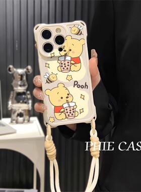 iPhone17四角开孔一加ACE5小熊维尼奶茶13透明苹果16斜挎手腕挂绳14防摔15plus手机壳软12ProMax适用y500可爱