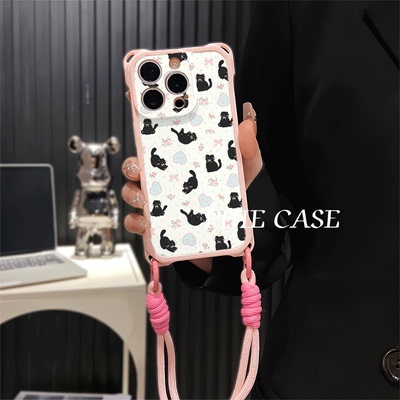 VIVOIQOO13透明苹果16斜挎手腕挂绳14防摔15plus手机壳软12ProMax适用荣耀x70i爱心猫咪iPhone17四角开孔可爱