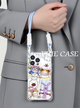 可爱coco女孩13透明苹果16e斜挎手腕挂绳小米17适用iPhone14防摔15plus手机壳软12四角开孔红米k90ProMax卡通