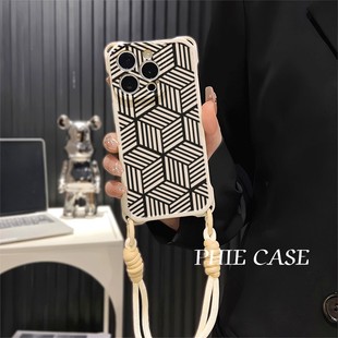 红米note14四角开孔苹果13斜挎手腕挂绳12ProMax适用Findx8创意简约几何图案iPhone16防摔透明15plus手机壳软