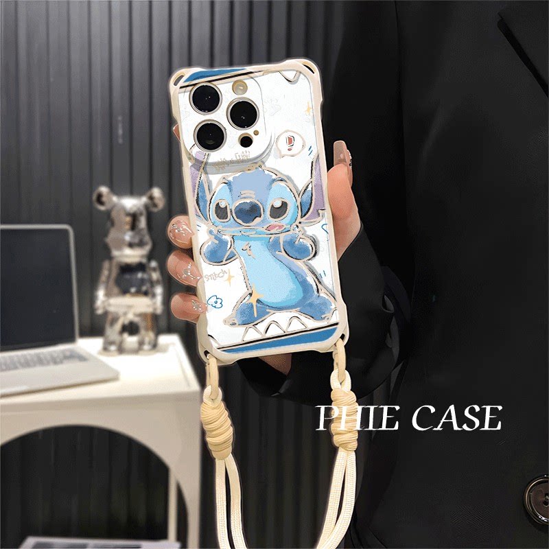 16ProMax适用吐舌史迪仔华为Mate70斜挎手腕挂绳iPhone17四角开孔13透明苹果14防摔15plus手机壳