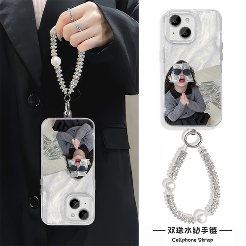 苹果13pm发财墨镜女孩红米NOTE15羽纱卡通适用iPhone14PLUS手机壳可爱小众17ProMax高级感硬华为NOVA16带挂绳