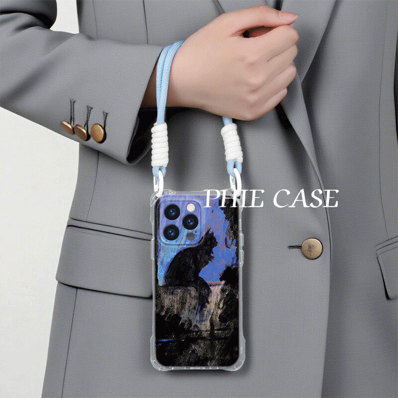 iPhone14抽象油画黑猫四角开孔苹果13斜挎手腕挂绳华为NOVA12适用16ProMax防摔透明15plus手机壳软荣耀MAGIC7