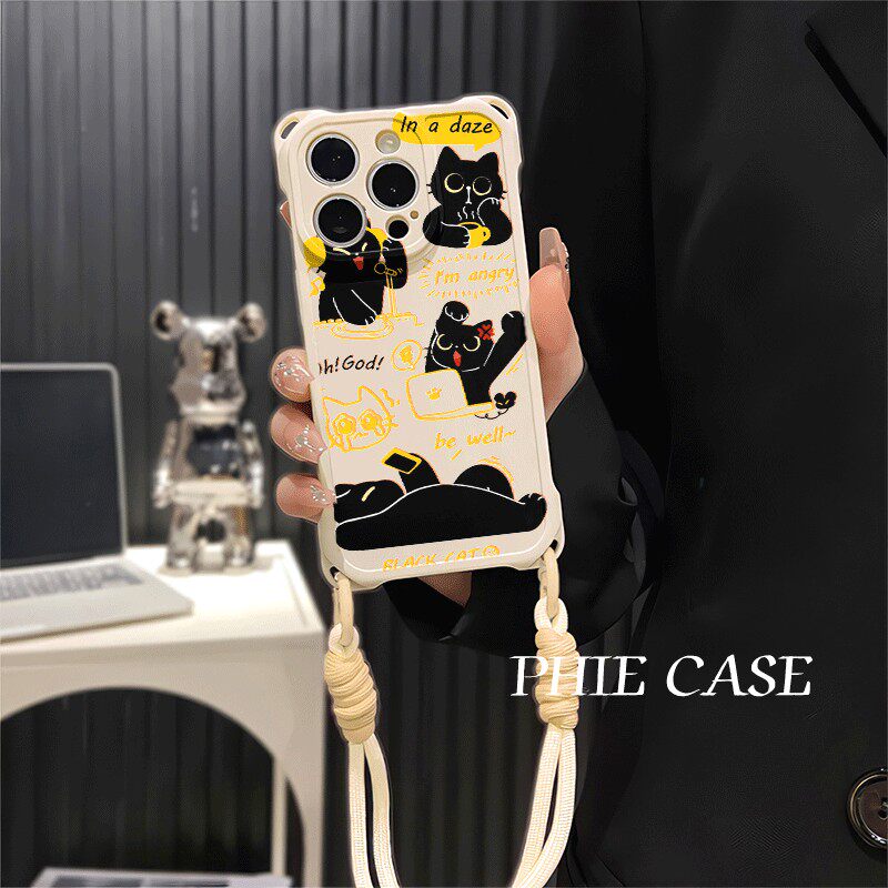 IQOOz9TURBO橙色黑色小猫苹果13斜挎手腕挂绳12ProMax适用iPhone可爱16防摔透明15plus手机壳软14四角开孔s30