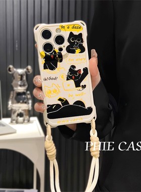 IQOOz9TURBO橙色黑色小猫苹果13斜挎手腕挂绳12ProMax适用iPhone可爱16防摔透明15plus手机壳软14四角开孔s30