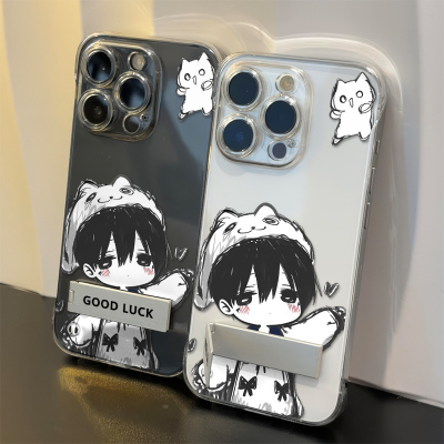 苹果17超薄高级感透明iPhone16适用14PLUS硬带支架小众无边框素描情侣13ProMax手机壳华为NOVA15卡通VIVOX300