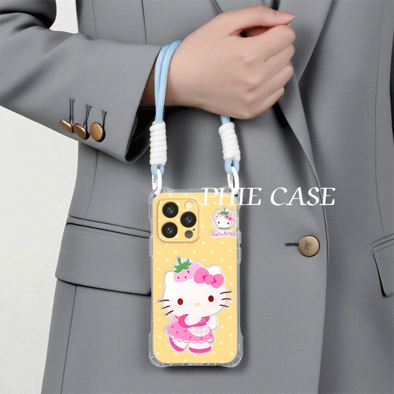 苹果13卡通日韩kt猫斜挎16ProMax透明15plus手机壳软红米note14四角开孔iPhone手腕挂绳12适用荣耀MAGIC7防摔