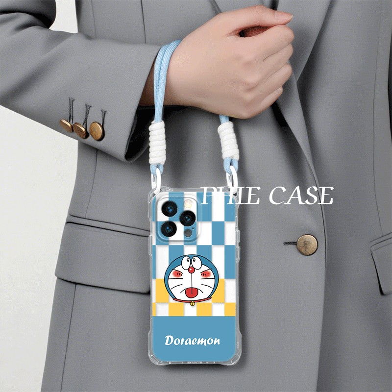 华为NOVA14四角开孔苹果16斜挎手腕挂绳12适用a5蓝白格子娇羞哆啦17ProMax防摔15plus手机壳软iPhone13透明