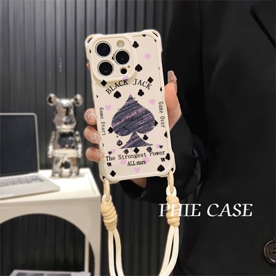OPPOReno14四角开孔苹果13斜挎手腕挂绳12ProMax适用荣耀400创意黑桃AiPhone16防摔透明15plus手机壳软高级感