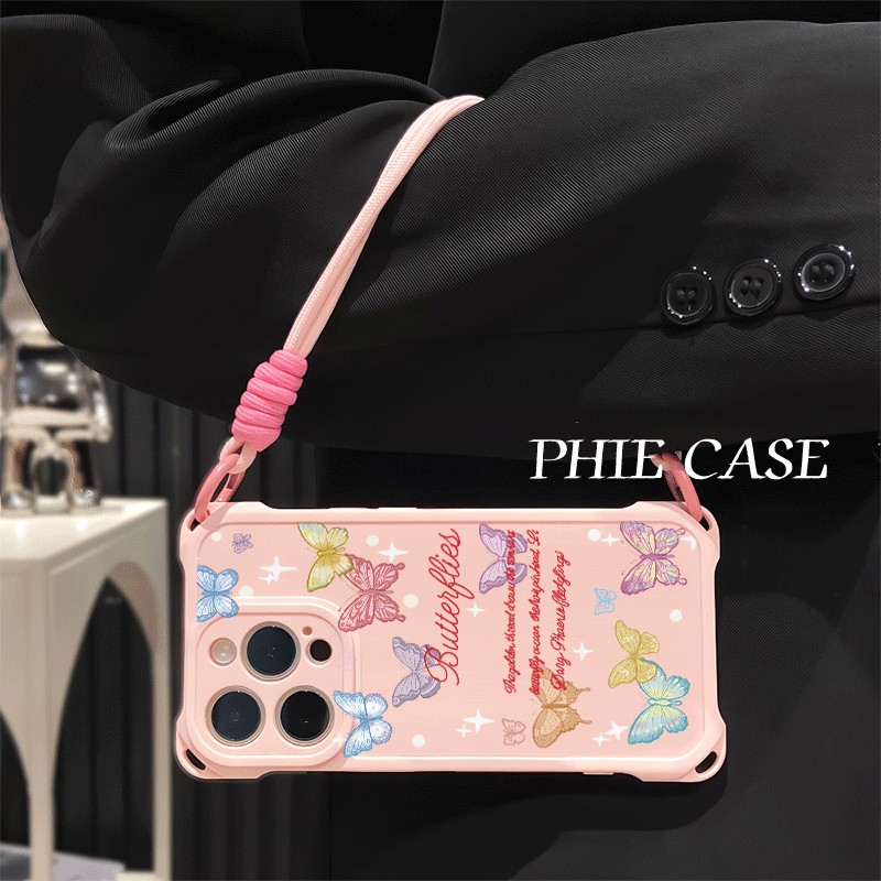 iPhone15防摔彩色蝴蝶14plus手机壳软红米k80pro四角开孔13透明16ProMax斜挎手腕挂绳苹果12适用OFINDX8ULTRA