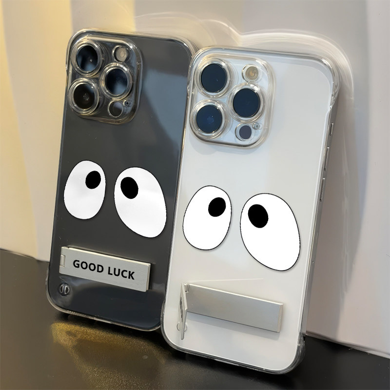 iPhone13硬透明一加15创意带支架适用苹果14PLUS小众超薄16高级感手机壳小米17ProMax无边框张子枫同款大眼睛