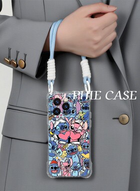 15plus可爱满屏史迪仔四角开孔13斜挎适用防摔12ProMax手腕挂绳iPhone16透明手机壳软苹果14荣耀POWER卡通s30