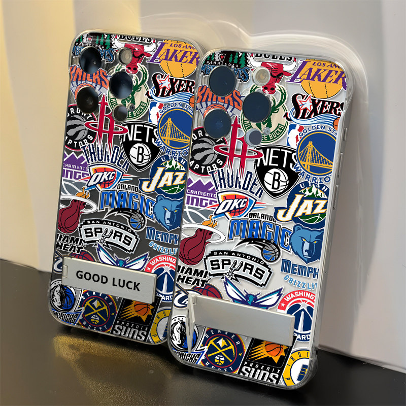 NBA篮球队标13ProMax超薄15Plus透明红米k90手机壳带支架iPhone16高级感VIVOx300手机壳硬17适用苹果14无边框