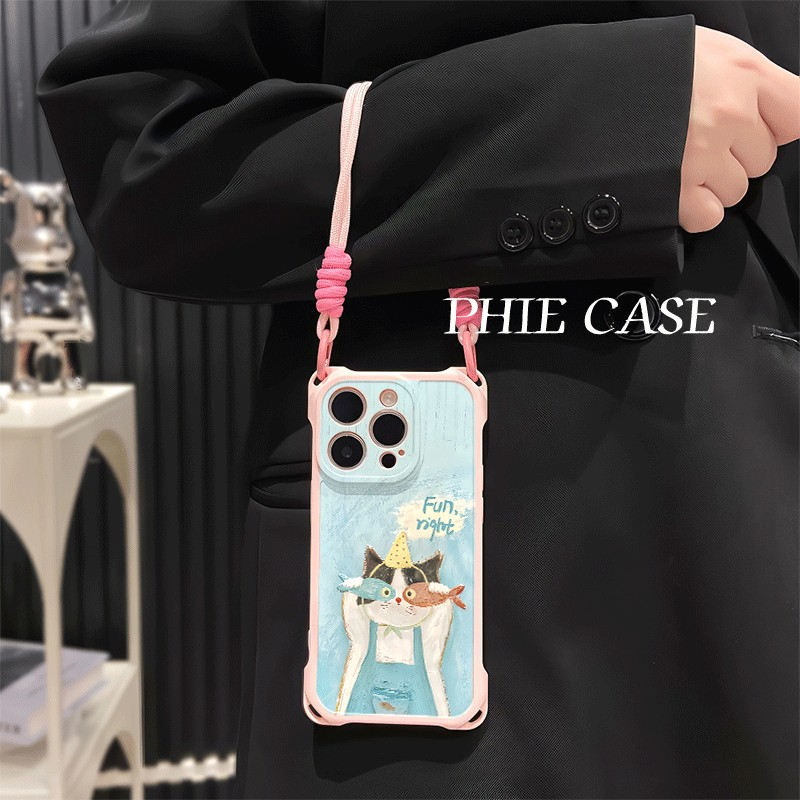 iPhone17四角开孔13透明苹果16斜挎手腕挂绳14油画眼镜猫咪一加ACE5防摔15plus手机壳软12ProMax适用y500可爱