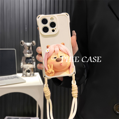小米17比耶花朵熊二华为NOVA15斜挎手腕挂绳苹果13四角开孔iPhone16plus手机壳软14ProMax适用x300防摔少女心