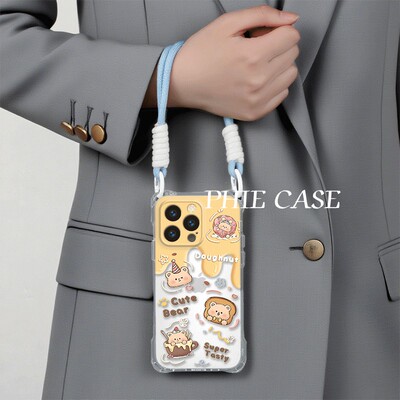 真我gt7pro适用防摔12ProMax奶油面包小熊iPhone15手机壳软14四角开孔13斜挎手腕挂绳苹果16plus透明x90s卡通