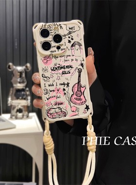 一加ACE5ins风涂鸦吉他iPhone16e透明15手机壳软苹果14plus四角开孔小米13斜挎适用防摔12ProMax手腕挂绳个性