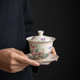 草木灰复古泡茶碗 仿古泥虞美人三才盖碗 功夫茶具单个盖碗家用