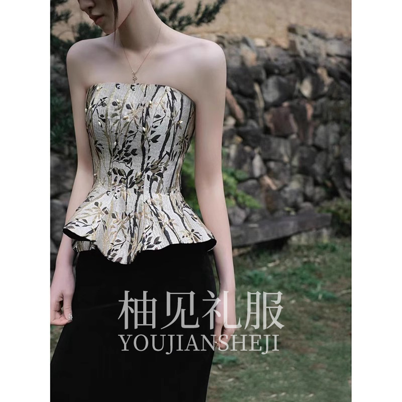 新中式晨袍女感新娘订婚订婚礼裙敬酒服黑色宴会主持人晚礼服
