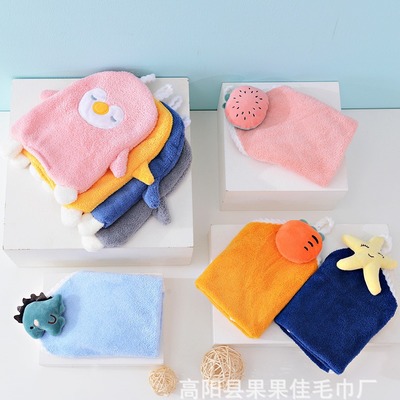 加厚擦手布厨房可挂式擦手毛巾珊瑚绒吸水卡通挂巾卫生间擦手布